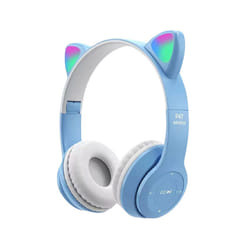 Wireless Bluetooth Headphones Cat Ear Gaming Headset LED Glow Light Helmets - Blue