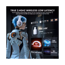 EKSA E1000 WT 2.4G Low Latency Wireless Gaming Headphones for PC/PS4/PS5/Xbox, - Black