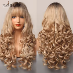 Long Blonde Deep Wave Synthetic Wigs with Bangs Curly Hair Wigs for Women Daily Wigs Heat Resistant