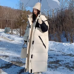 Down Padded Jacket Women&apos;s Winter Thicker Korean Version Loose Over The Knee Hooded Padded Jacket Cargo Coat - black, M