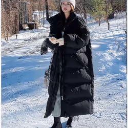 Down Padded Jacket Women&apos;s Winter Thicker Korean Version Loose Over The Knee Hooded Padded Jacket Cargo Coat - black, M