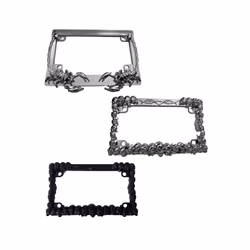 Motorcycle Accent Accessory: Curved License Plate Holder and Frame with - silver skull