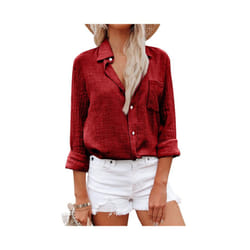 Elegant Cotton Linen Shirts Women Leisure Shirts Button Lapel Blusas Top Lady Loose Long Sleeve Oversized Shirt Casual T-Shirt - Red, M