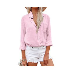 Elegant Cotton Linen Shirts Women Leisure Shirts Button Lapel Blusas Top Lady Loose Long Sleeve Oversized Shirt Casual T-Shirt - Pink, L