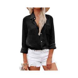 Elegant Cotton Linen Shirts Women Leisure Shirts Button Lapel Blusas Top Lady Loose Long Sleeve Oversized Shirt Casual T-Shirt - Black, L