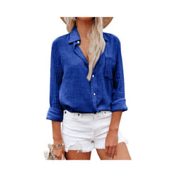 Elegant Cotton Linen Shirts Women Leisure Shirts Button Lapel Blusas Top Lady Loose Long Sleeve Oversized Shirt Casual T-Shirt - Blue, XL