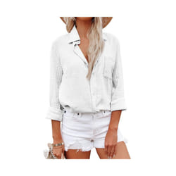 Elegant Cotton Linen Shirts Women Leisure Shirts Button Lapel Blusas Top Lady Loose Long Sleeve Oversized Shirt Casual T-Shirt - White, S