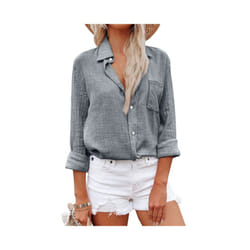 Elegant Cotton Linen Shirts Women Leisure Shirts Button Lapel Blusas Top Lady Loose Long Sleeve Oversized Shirt Casual T-Shirt - Gray, S