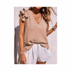 Summer Women's Elegant Casual V-neck Solid Office Ruffled Top Lotus Leaf Sleeves Shirt for Women - Apricot, S