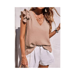Summer Women's Elegant Casual V-neck Solid Office Ruffled Top Lotus Leaf Sleeves Shirt for Women - Apricot, L