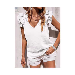 Summer Women's Elegant Casual V-neck Solid Office Ruffled Top Lotus Leaf Sleeves Shirt for Women - White, XXL