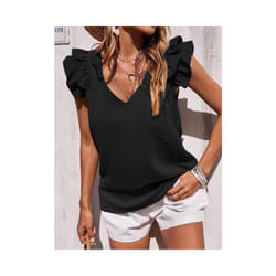 Summer Women's Elegant Casual V-neck Solid Office Ruffled Top Lotus Leaf Sleeves Shirt for Women - Black, XXL