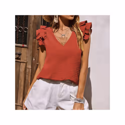 Summer Women's Elegant Casual V-neck Solid Office Ruffled Top Lotus Leaf Sleeves Shirt for Women - Black, XXL