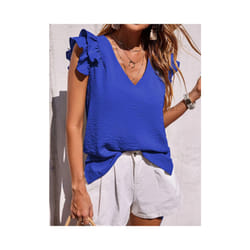 Summer Women's Elegant Casual V-neck Solid Office Ruffled Top Lotus Leaf Sleeves Shirt for Women - blue, XL