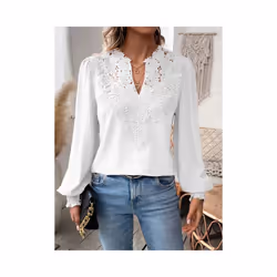 Autumn Women's Clothing New Sexy V-neck Fashion Lace Patchwork Solid Color Shirt Long Sleeved Casual Shirt Women's Clothing - ...