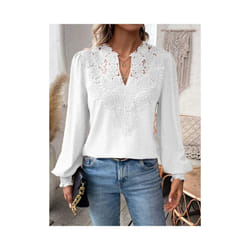 Autumn Women's Clothing New Sexy V-neck Fashion Lace Patchwork Solid Color Shirt Long Sleeved Casual Shirt Women's Clothing - white, XL