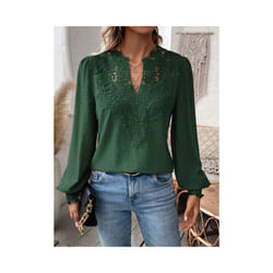 Autumn Women's Clothing New Sexy V-neck Fashion Lace Patchwork Solid Color Shirt Long Sleeved Casual Shirt Women's Clothing - green, S