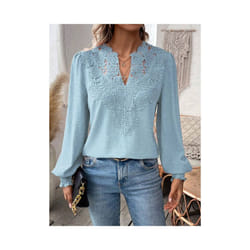 Autumn Women's Clothing New Sexy V-neck Fashion Lace Patchwork Solid Color Shirt Long Sleeved Casual Shirt Women's Clothing - blue, XL