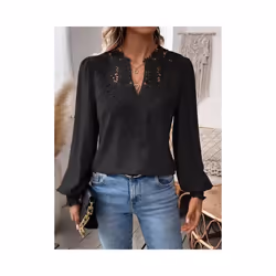 Autumn Women's Clothing New Sexy V-neck Fashion Lace Patchwork Solid Color Shirt Long Sleeved Casual Shirt Women's Clothing - blue, XL