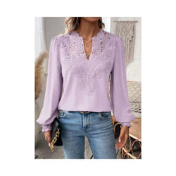 Autumn Women's Clothing New Sexy V-neck Fashion Lace Patchwork Solid Color Shirt Long Sleeved Casual Shirt Women's Clothing - purple, XL