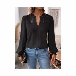 Autumn Women's Clothing New Sexy V-neck Fashion Lace Patchwork Solid Color Shirt Long Sleeved Casual Shirt Women's Clothing - ...