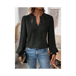 Autumn Women's Clothing New Sexy V-neck Fashion Lace Patchwork Solid Color Shirt Long Sleeved Casual Shirt Women's Clothing - black, XL
