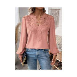 Autumn Women's Clothing New Sexy V-neck Fashion Lace Patchwork Solid Color Shirt Long Sleeved Casual Shirt Women's Clothing - pink, S