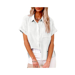Women' Size Spring Summer New Casual Shirts Tops Cotton Linen Pocket Solid Short Sleeve Shirt T-shirt Women's Blouse - LL9995 White, XL
