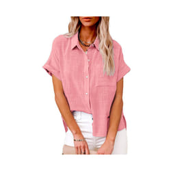Women' Size Spring Summer New Casual Shirts Tops Cotton Linen Pocket Solid Short Sleeve Shirt T-shirt Women's Blouse - LL9995 Pink, XL