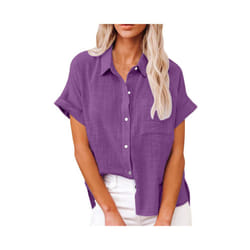 Women' Size Spring Summer New Casual Shirts Tops Cotton Linen Pocket Solid Short Sleeve Shirt T-shirt Women's Blouse - LL9995 Purple, XXL