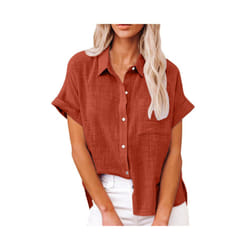 Women' Size Spring Summer New Casual Shirts Tops Cotton Linen Pocket Solid Short Sleeve Shirt T-shirt Women's Blouse - LL9995 Orange, XL