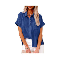 Women' Size Spring Summer New Casual Shirts Tops Cotton Linen Pocket Solid Short Sleeve Shirt T-shirt Women's Blouse - LL9995 Blue, M