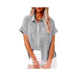Women' Size Spring Summer New Casual Shirts Tops Cotton Linen Pocket Solid Short Sleeve Shirt T-shirt Women's Blouse - LL9995 Gray, M