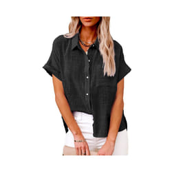 Women' Size Spring Summer New Casual Shirts Tops Cotton Linen Pocket Solid Short Sleeve Shirt T-shirt Women's Blouse - LL9995 Black, S