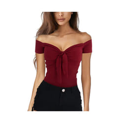 Summer Solid Color Basic Casual Short Sleeve V-neck Off Shoulder Top Sexy Beach Party Slim Fit T-shirts Sweet Style Women's Wear - Wine red, XL