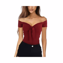 Summer Solid Color Basic Casual Short Sleeve V-neck Off Shoulder Top Sexy Beach Party Slim Fit T-shirts Sweet Style Women's Wear - Yellow, XL