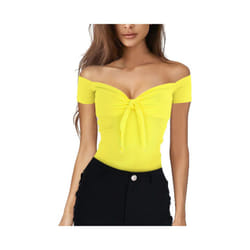 Summer Solid Color Basic Casual Short Sleeve V-neck Off Shoulder Top Sexy Beach Party Slim Fit T-shirts Sweet Style Women's Wear - Yellow, L