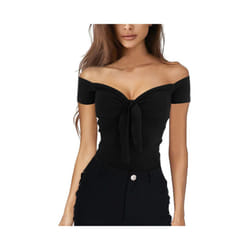 Summer Solid Color Basic Casual Short Sleeve V-neck Off Shoulder Top Sexy Beach Party Slim Fit T-shirts Sweet Style Women's Wear - Black, L