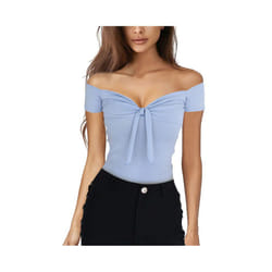 Summer Solid Color Basic Casual Short Sleeve V-neck Off Shoulder Top Sexy Beach Party Slim Fit T-shirts Sweet Style Women's Wear - Light blue, S