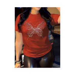 butterfly print t-shirt, short sleeve crew neck casual top for summer & spring, women's clothing - Red, XL