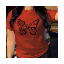 butterfly  print t-shirt, short sleeve crew neck casual top for summer & spring, women's clothing - Red, XL