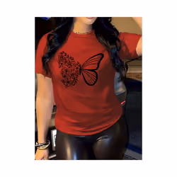 butterfly  print t-shirt, short sleeve crew neck casual top for summer & spring, women's clothing - Red, XL