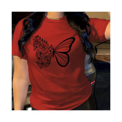 butterfly  print t-shirt, short sleeve crew neck casual top for summer & spring, women's clothing - Red, L