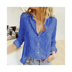 Over Loose Linen Cotton Blouse Shirts Summer Women Turn Down Collar Long Sleeve Solid Color Ol Button Blouse Tops - Blue, S