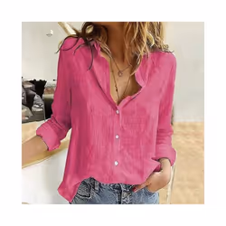 Over Loose Linen Cotton Blouse Shirts Summer Women Turn Down Collar Long Sleeve Solid Color Ol Button Blouse Tops - Blue, L