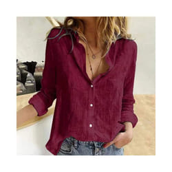 Over Loose Linen Cotton Blouse Shirts Summer Women Turn Down Collar Long Sleeve Solid Color Ol Button Blouse Tops - Red, XXL
