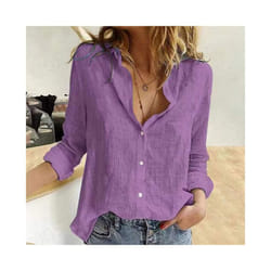 Over Loose Linen Cotton Blouse Shirts Summer Women Turn Down Collar Long Sleeve Solid Color Ol Button Blouse Tops - Purple, M