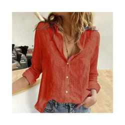 Over Loose Linen Cotton Blouse Shirts Summer Women Turn Down Collar Long Sleeve Solid Color Ol Button Blouse Tops - Orange, XXL