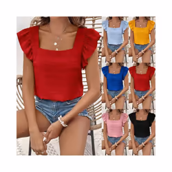 Solid Color Casual Blouses For Women Fashion  Summer Fashion Women's Shirts Elegant Sweet Loose Ruffles Sleeve Female Tops - JTM0155 Blue, XXL