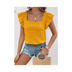 Solid Color Casual Blouses For Women Fashion  Summer Fashion Women's Shirts Elegant Sweet Loose Ruffles Sleeve Female Tops - JTM0155 Yellow, XL